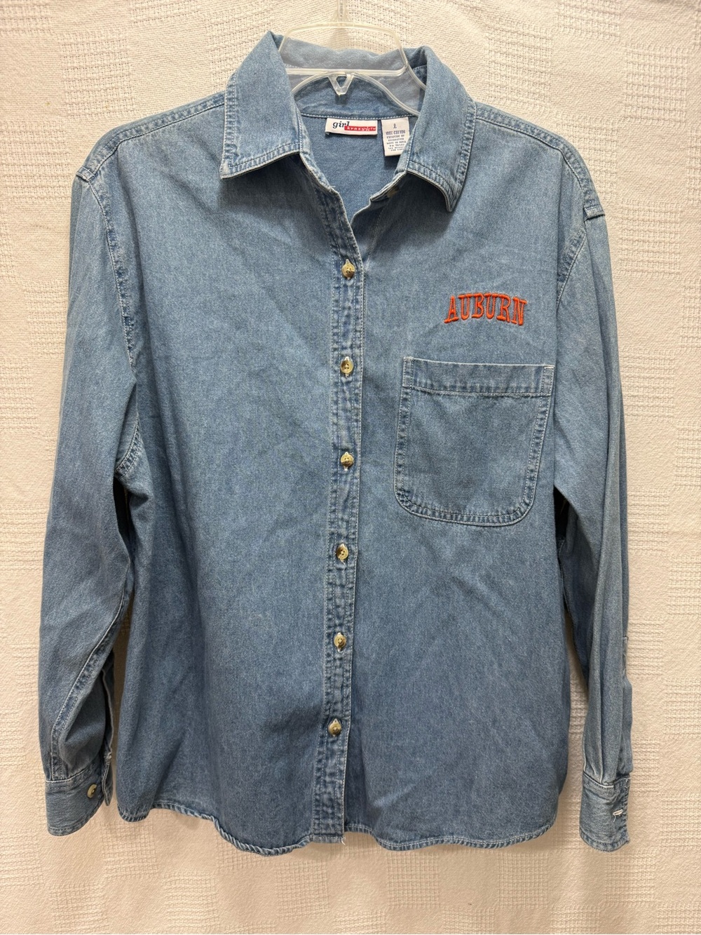 girl krazy Light Blue Denim Button-Down with Orange Auburn Embroidery